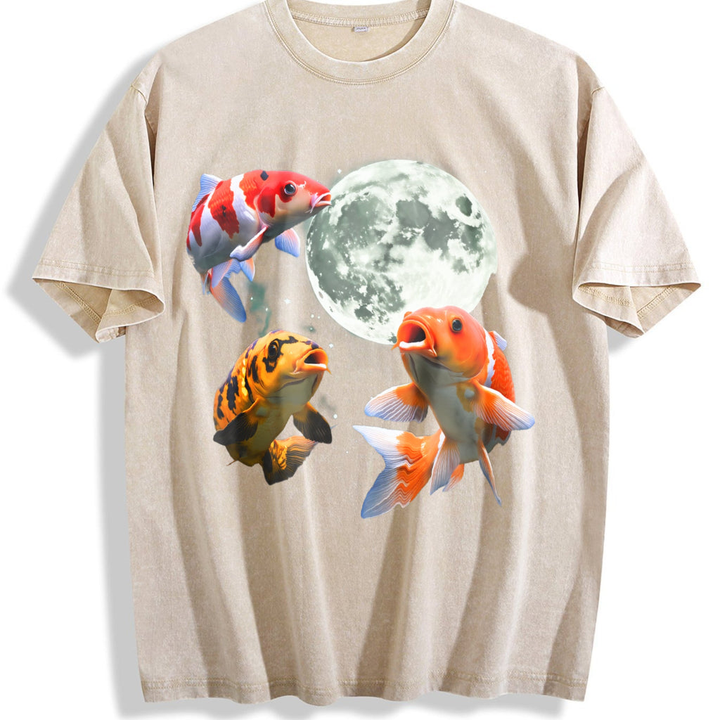 Koi Fish Howling At Moon 90s Vintage Washed T-Shirt product image 1