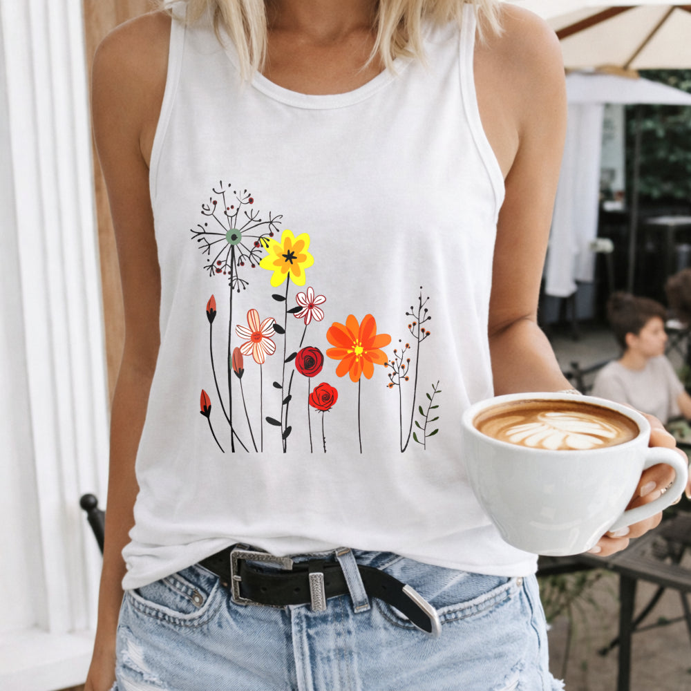 Racer With Cartoon Floral Women's Tank Top