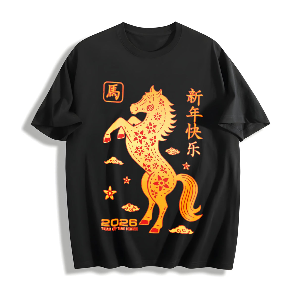 Golden Paper Cut Horse With Red Floral Cotton T-Shirt product image 1