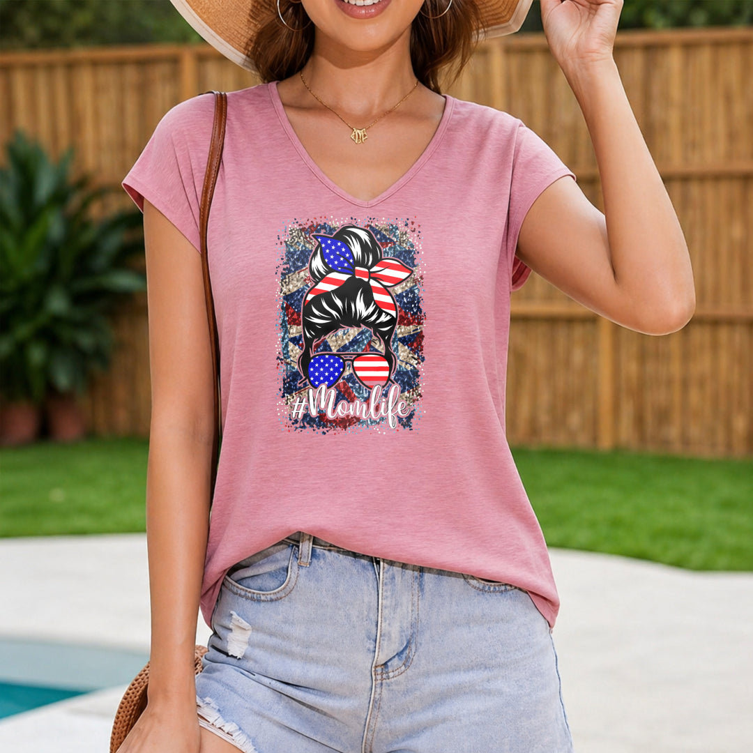 American Flag Hair Bow Glasses Momlife Women's V-Neck Tank Top