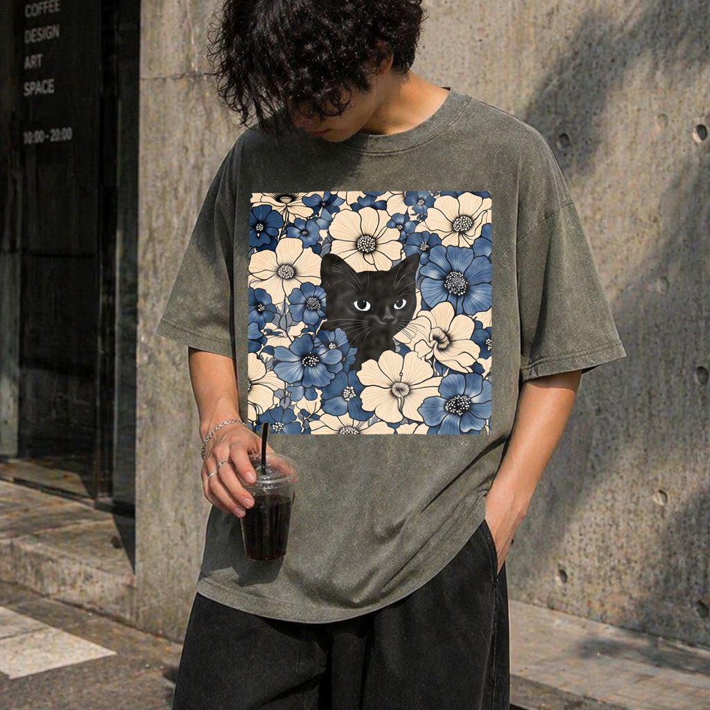 Black Cat Floral Fun American Vintage Washed T-Shirt product image 4