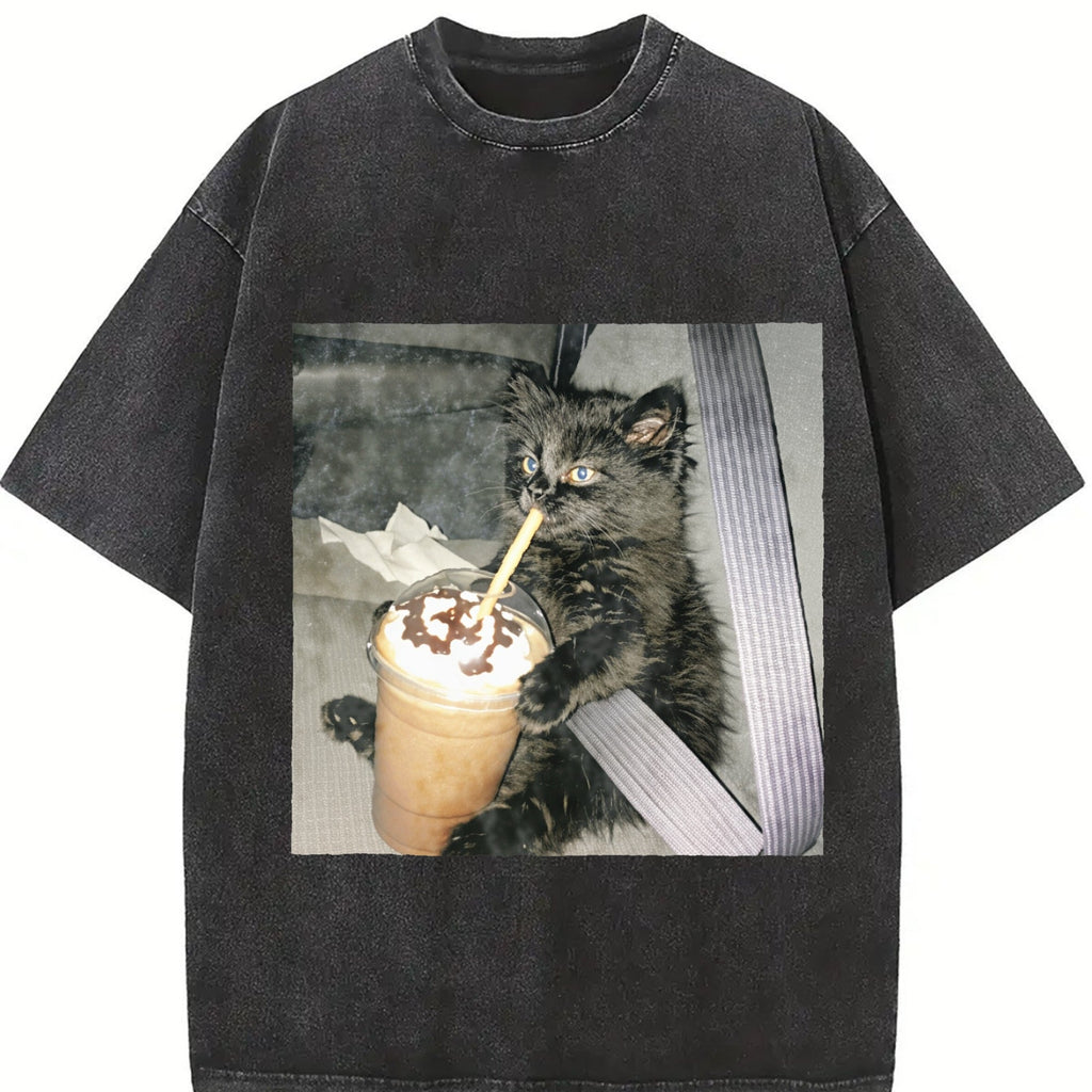 Cat Coffee Cup In The Car Vintage Washed T-Shirt