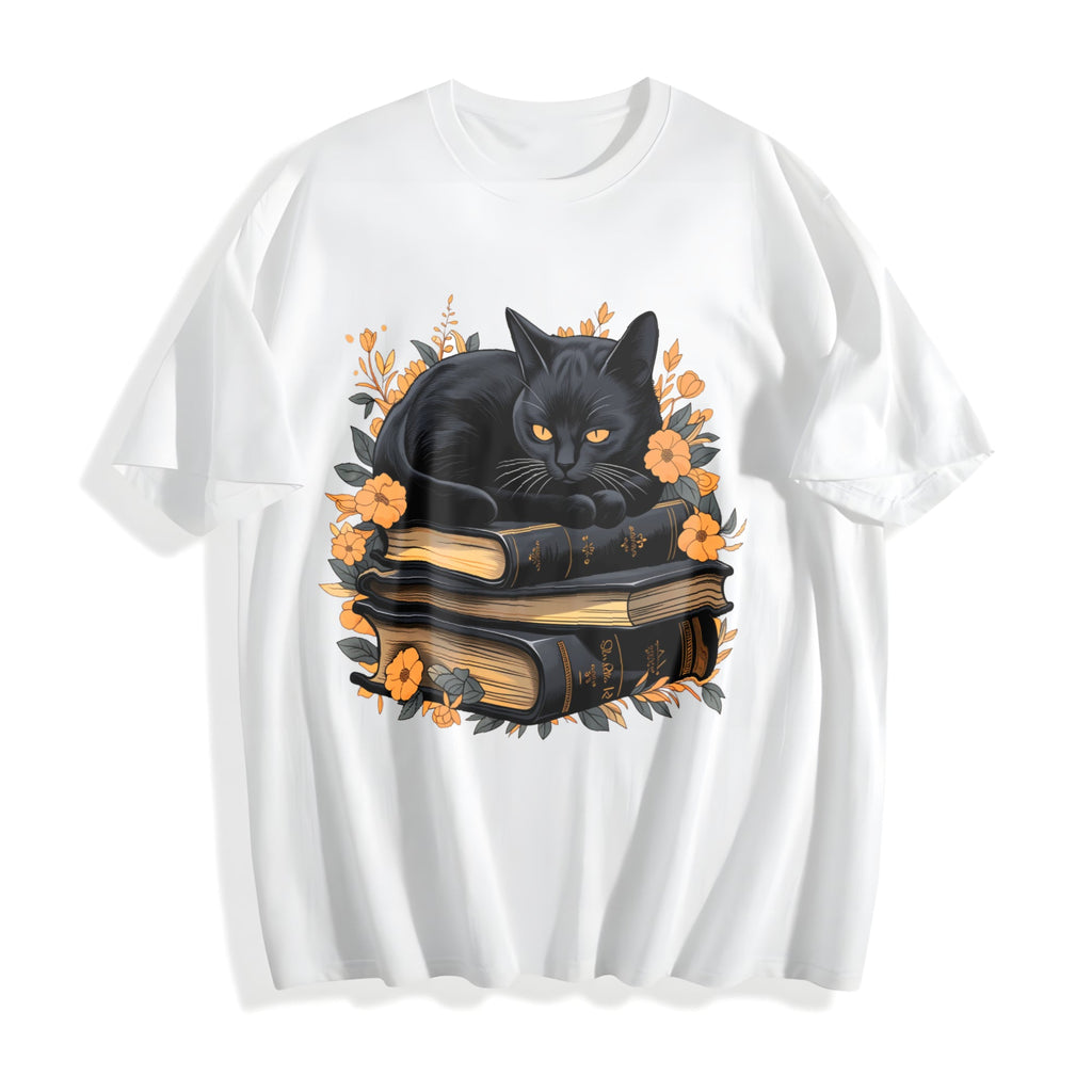 Cat On Book With Autumn Leaves Cotton T-Shirt product image 2
