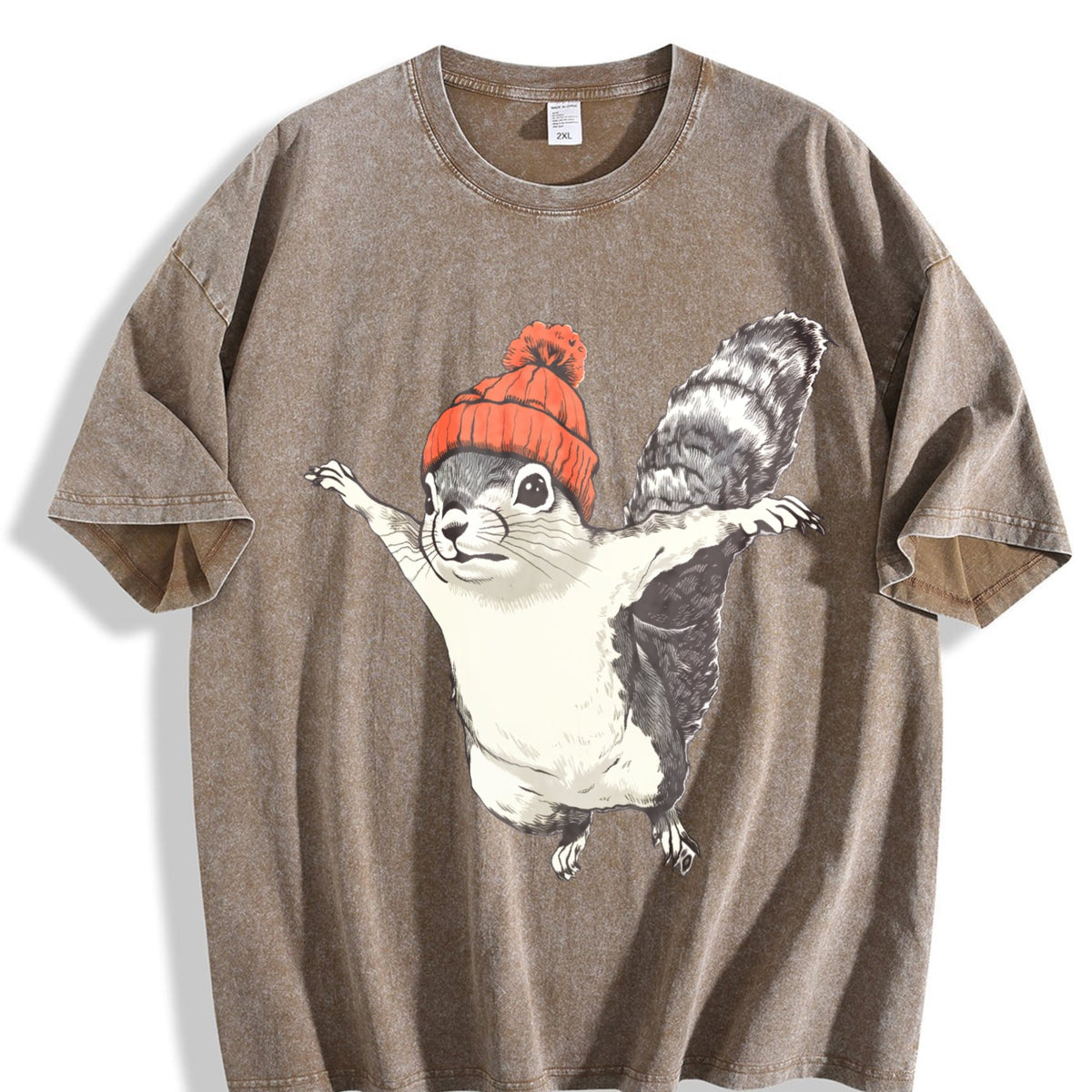 Winter Squirrel Short-sleeved With Orange Yarn Hat Vintage Washed T-Shirt