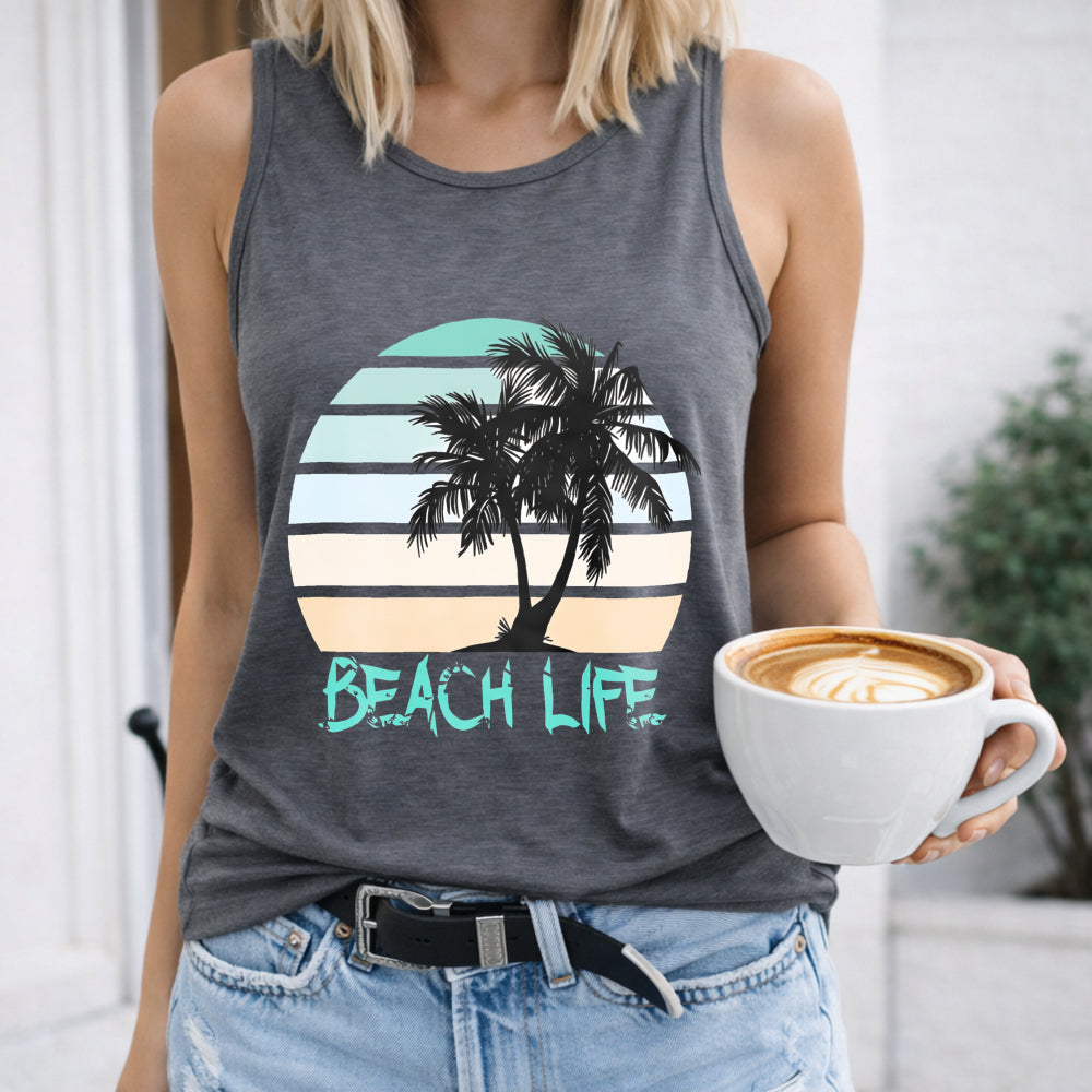 Island Vacation And Beach Life Letters And Palm Tree Women's Tank Top