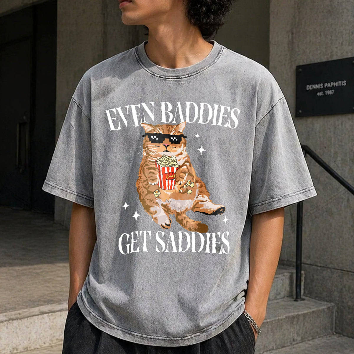 Even Baddies Get Saddies Funny Cat Vintage Washed T-Shirt product image 5