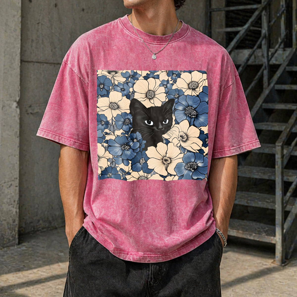 Black Cat Floral Fun American Vintage Washed T-Shirt product image 7