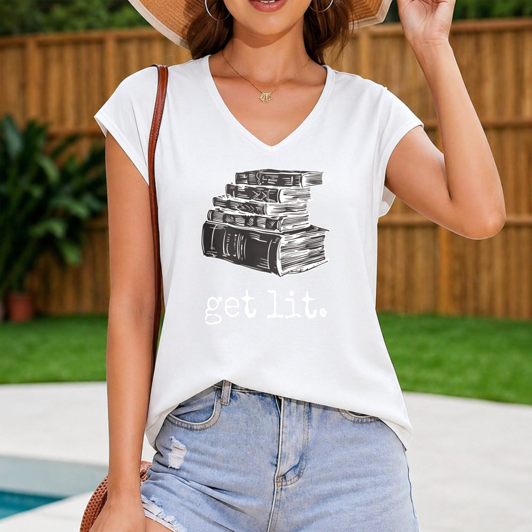 Stacked Books Are Lit Up - Fun Cartoon Letter Women's V-Neck Tank Top
