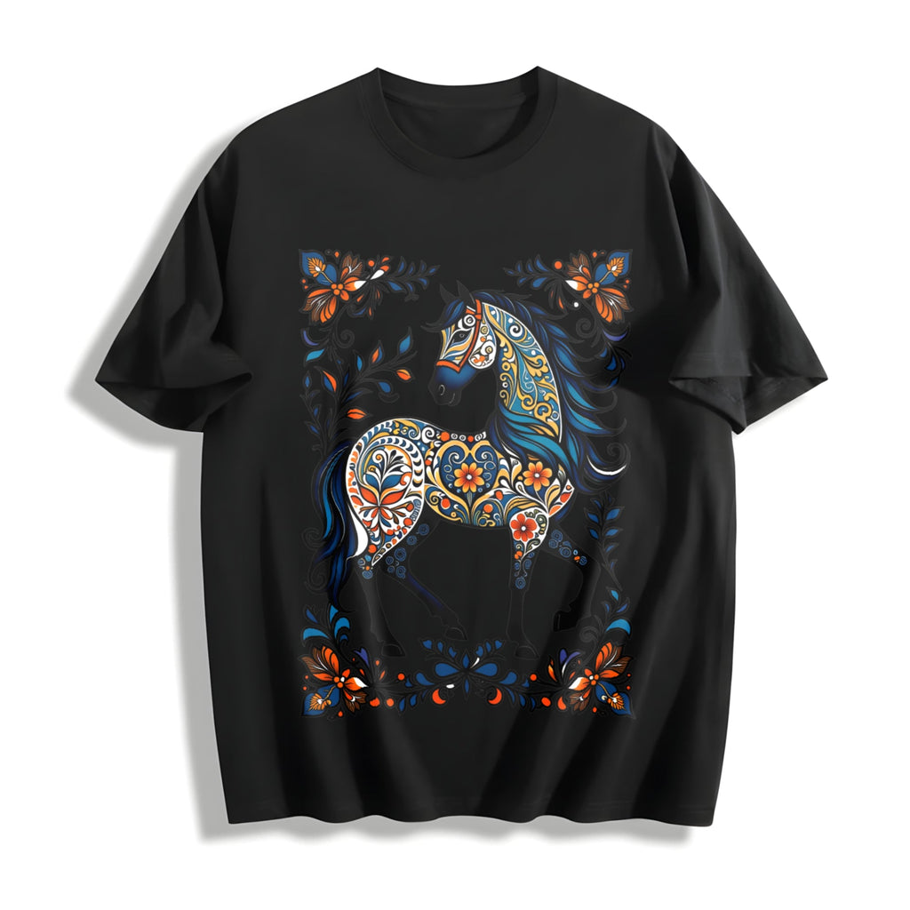 Winter And Porcelain Floral Horse Cotton T-Shirt product image 1