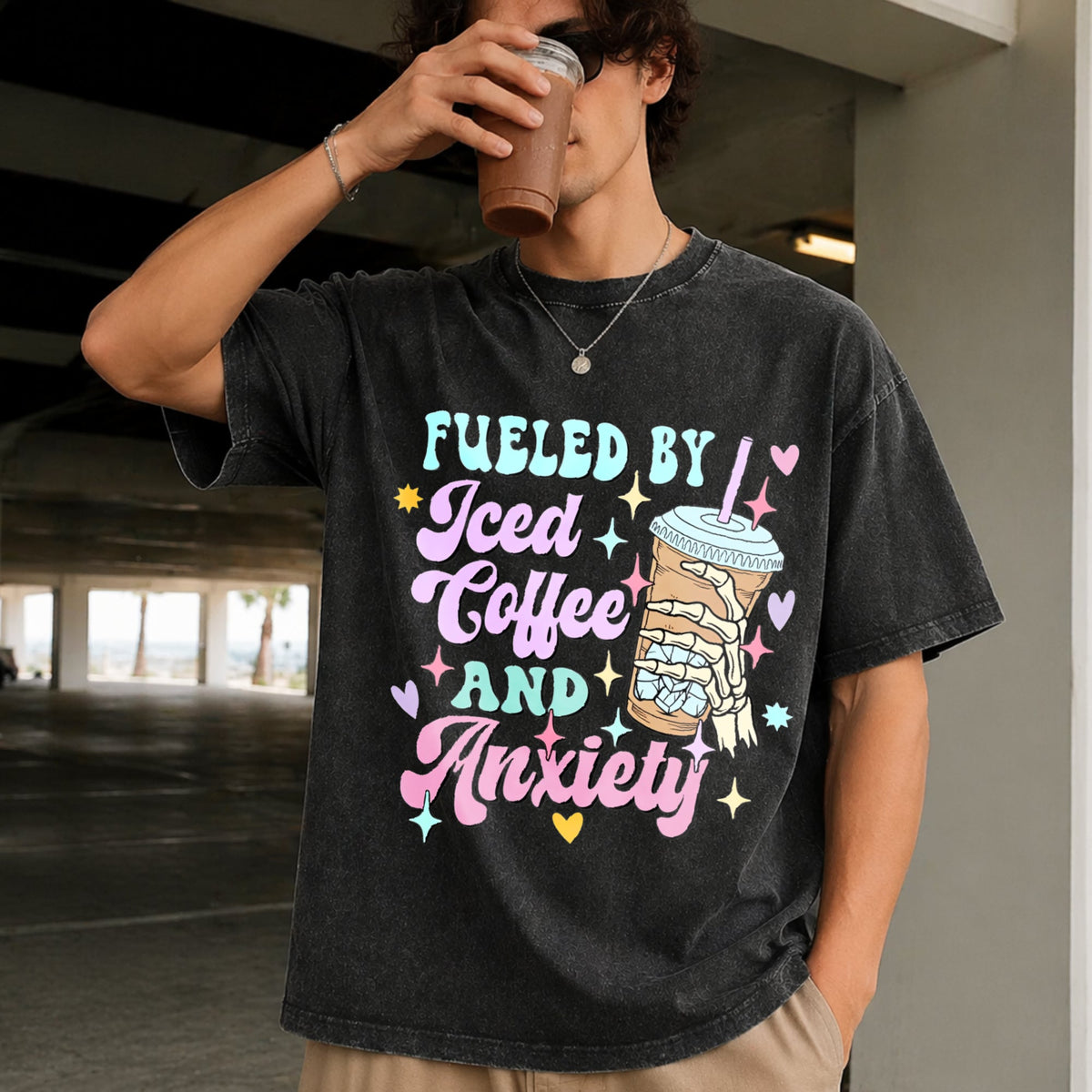 Fueled By Iced Coffee And Anxiety Funny Lover Vintage product image 2