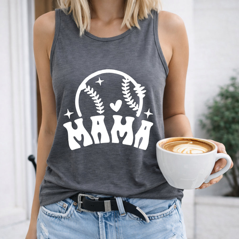 Mama With Baseball - Pink With Heart & Star Details Women's Tank Top