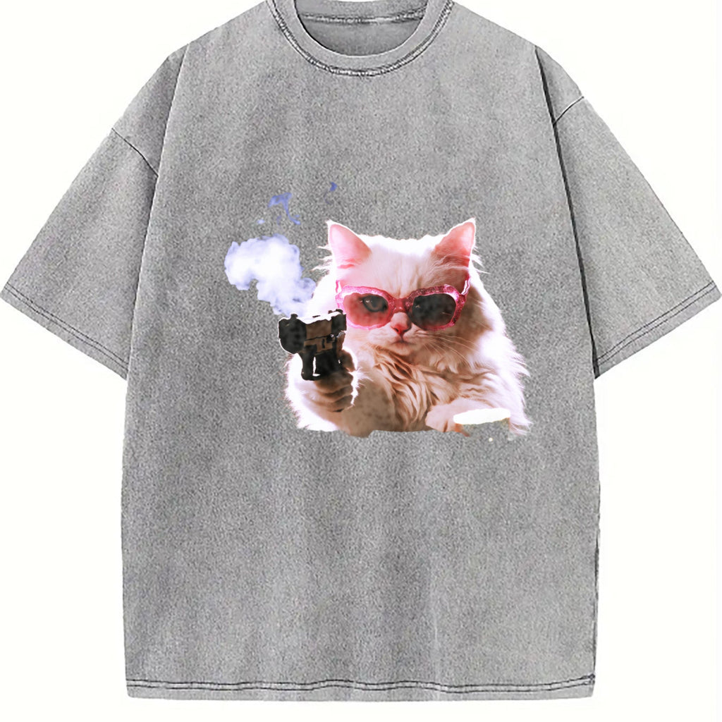 1pcscute Cat Funny T-shirtmen's Vintage Washed T-Shirt product image 5