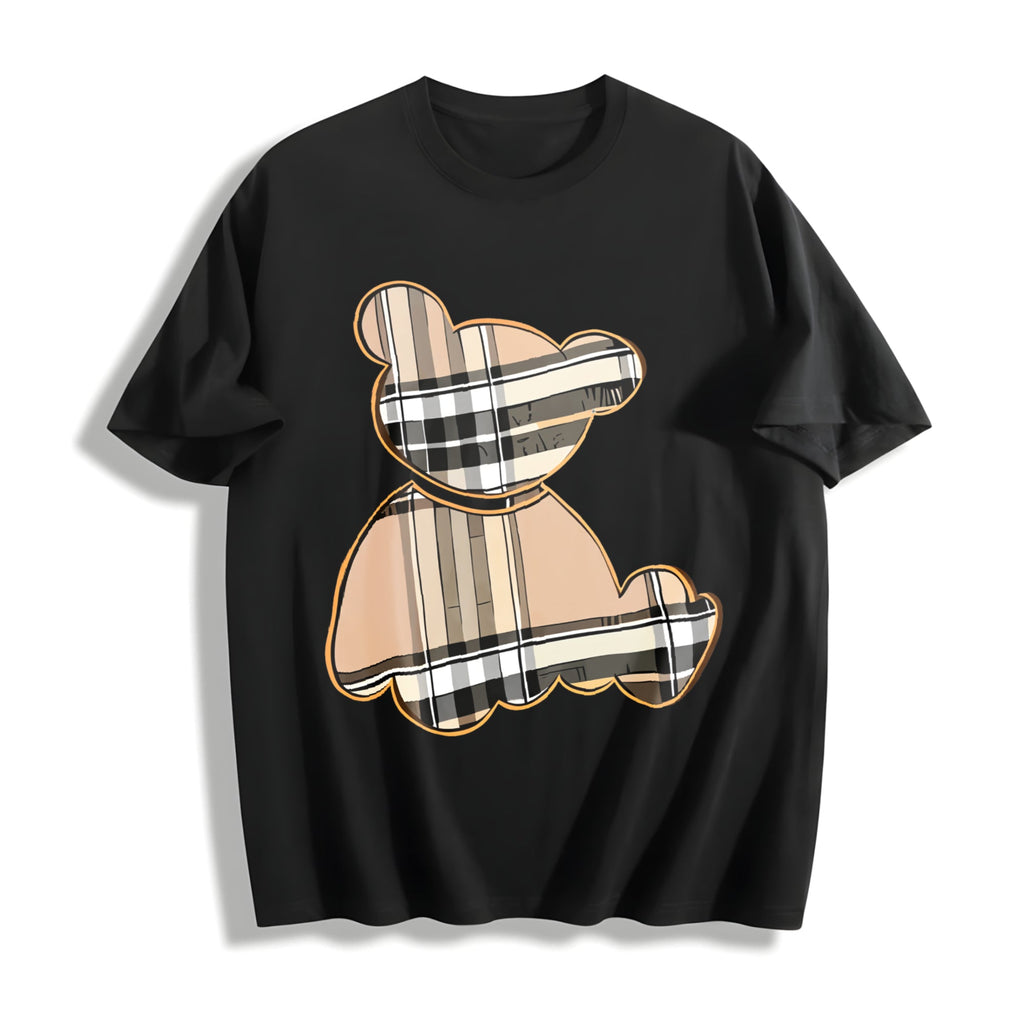 Cartoon Bear & Plaid Cotton T-Shirt product image 1