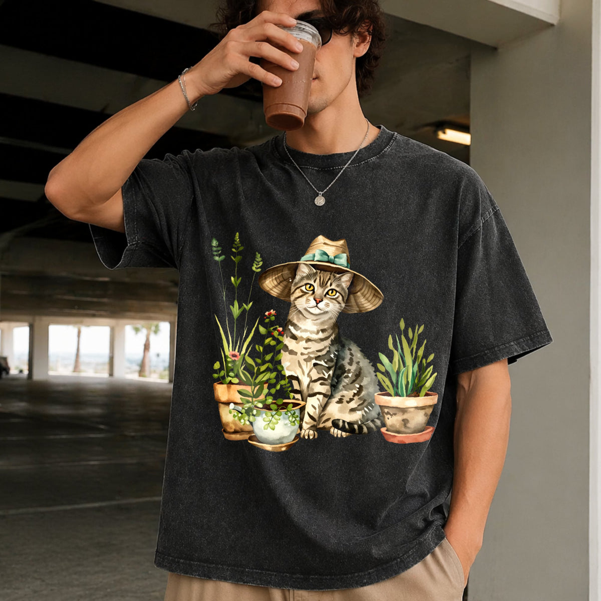 Cat And Plant Vintage Washed T-Shirt product image 2