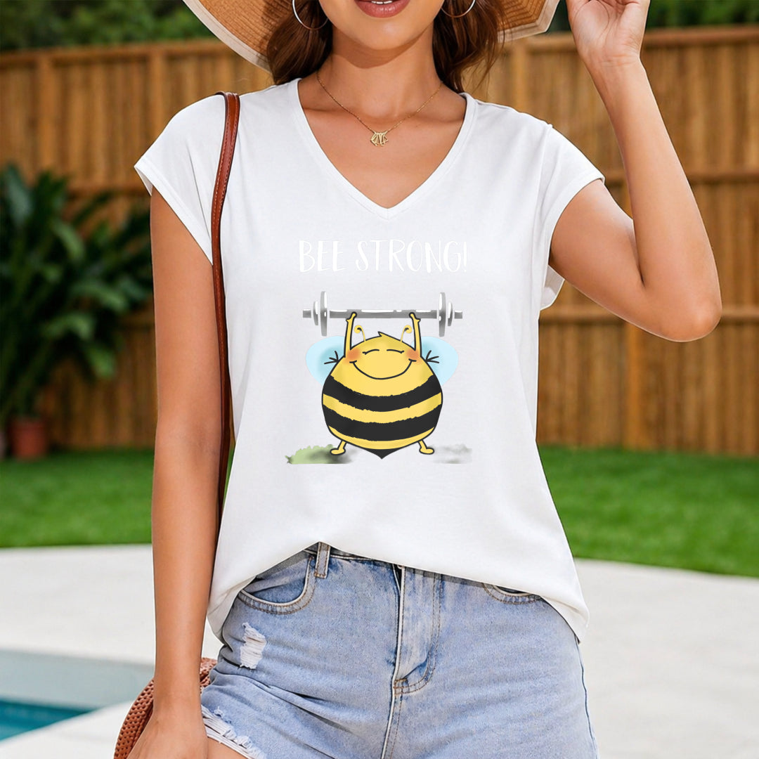 Bee Strong Cartoon Bee Lifting Barbell For - Summer Women's V-Neck Tank Top