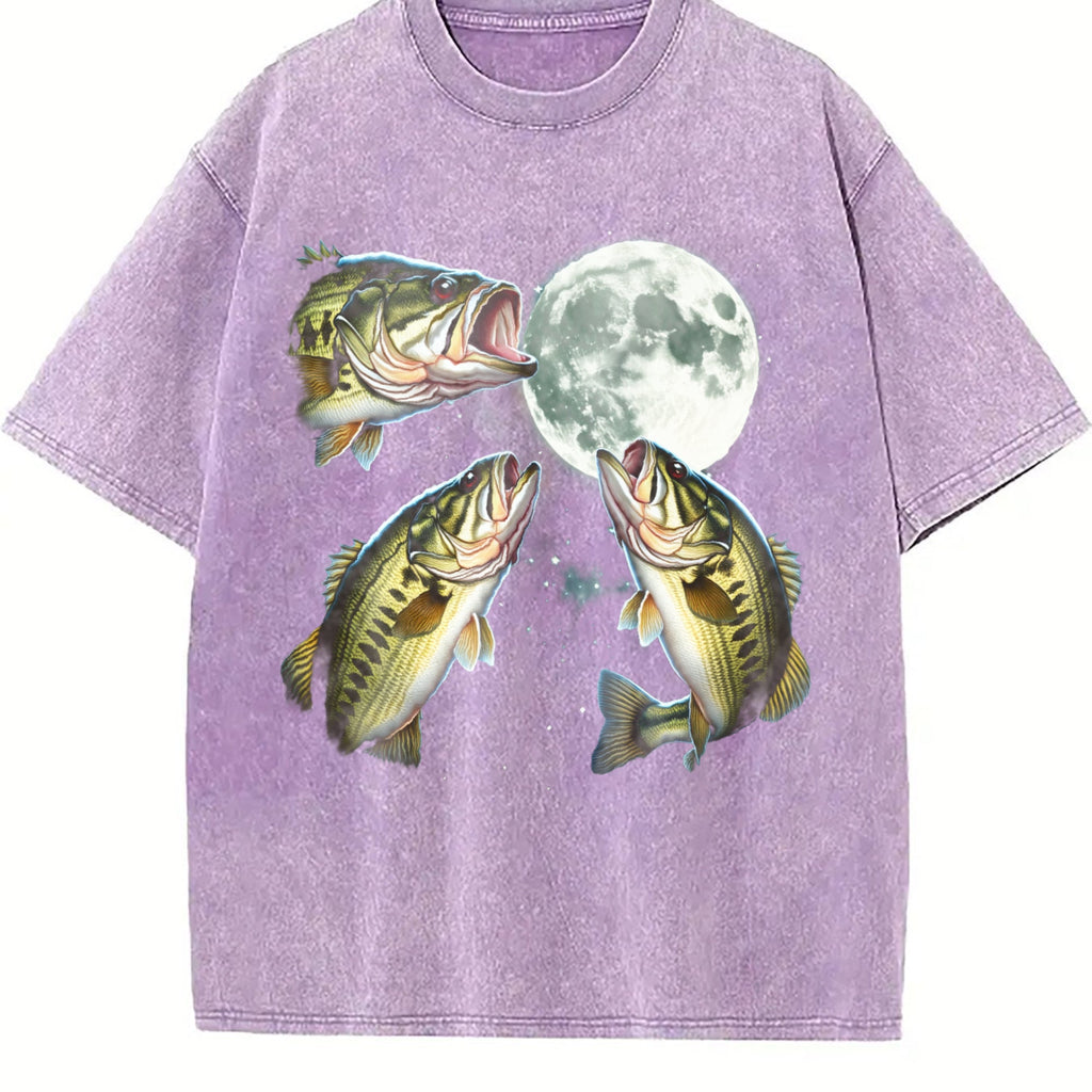 Bass Fish Howling At Moon 90s Vintage Washed T-Shirt product image 6