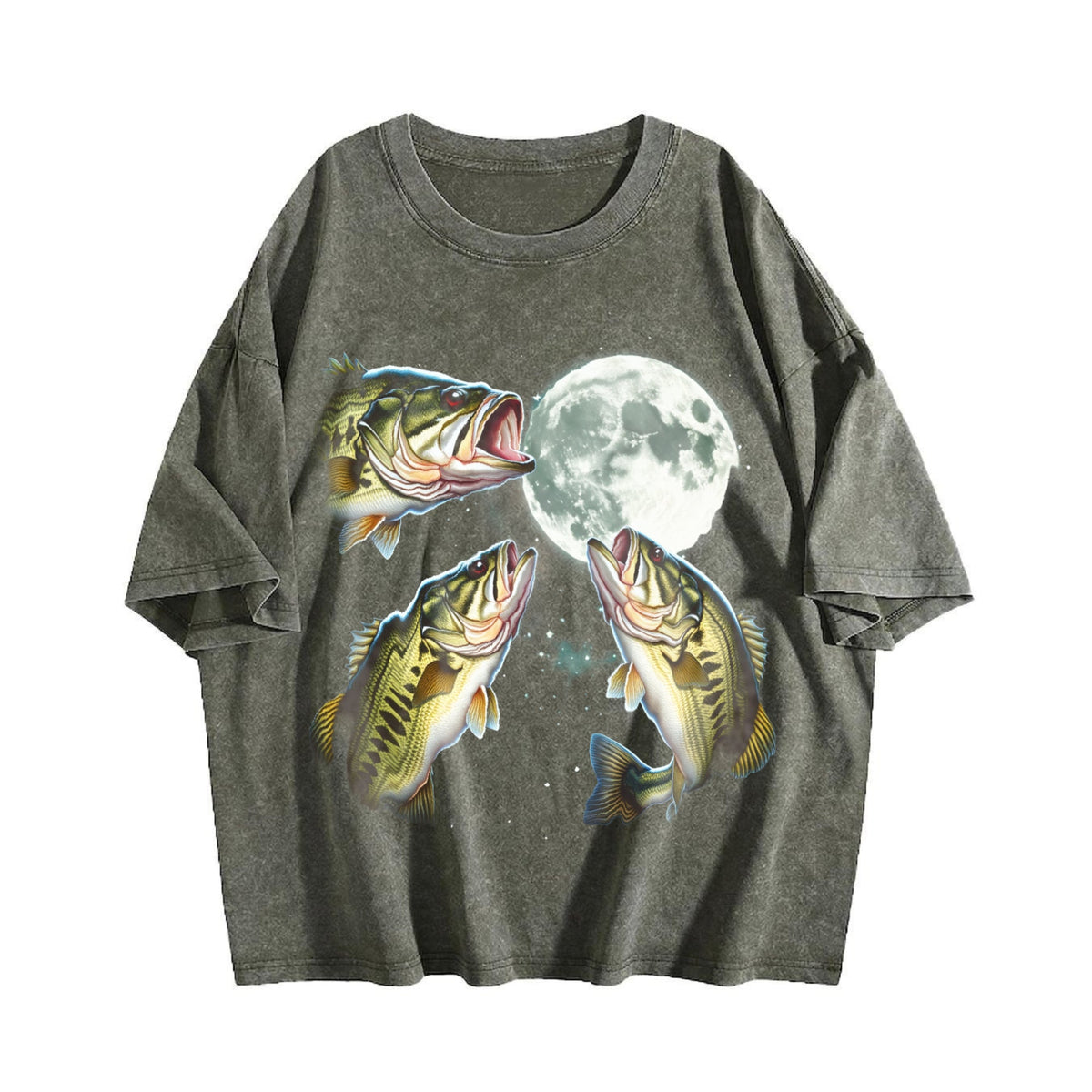 Bass Fish Howling At Moon 90s Vintage Washed T-Shirt product image 4