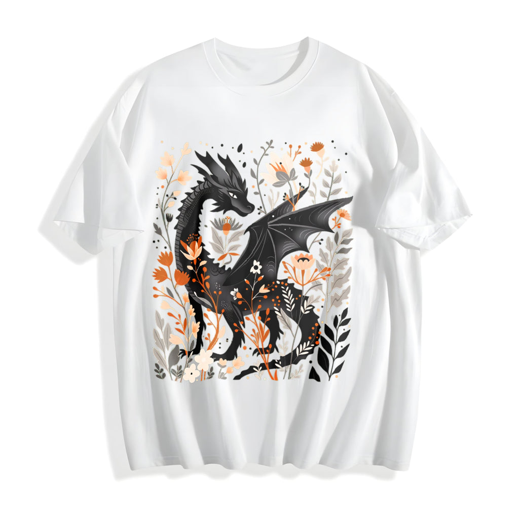 Summer : Fantasy Black Dragon Gentle Floral Cotton T-Shirt product image 2