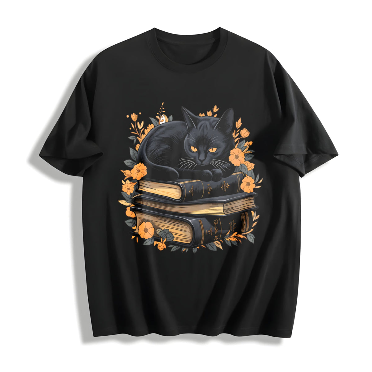 Cat On Book With Autumn Leaves Cotton T-Shirt product image 1