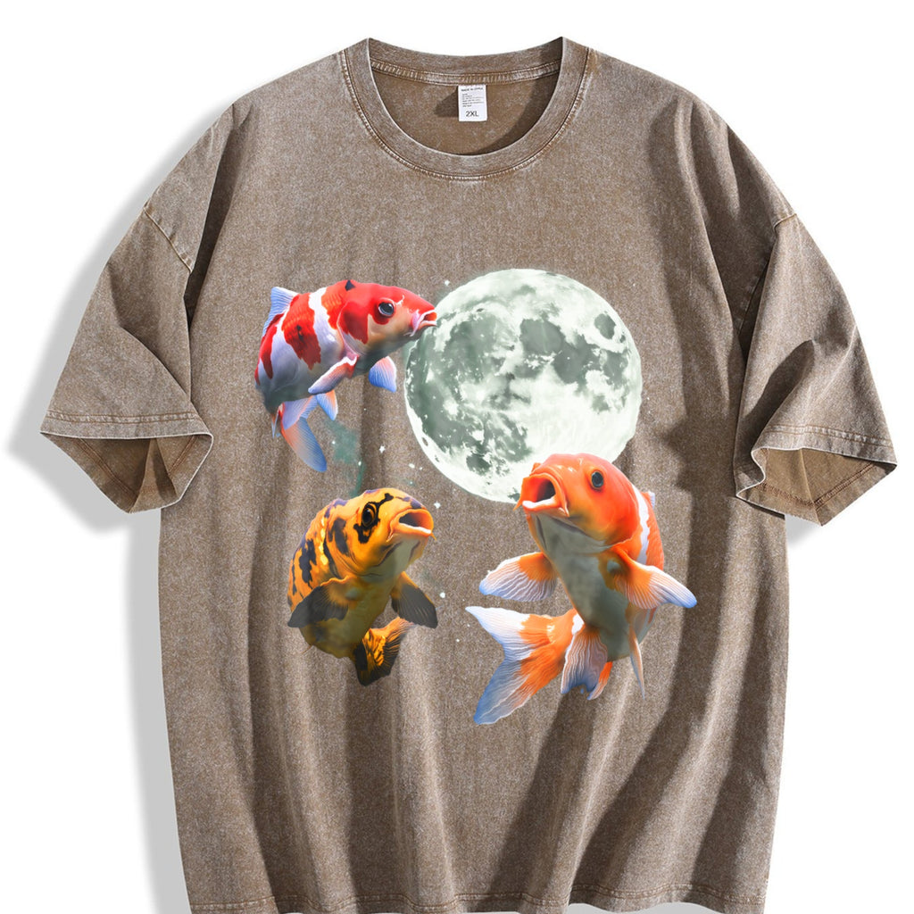 Koi Fish Howling At Moon 90s Vintage Washed T-Shirt product image 3