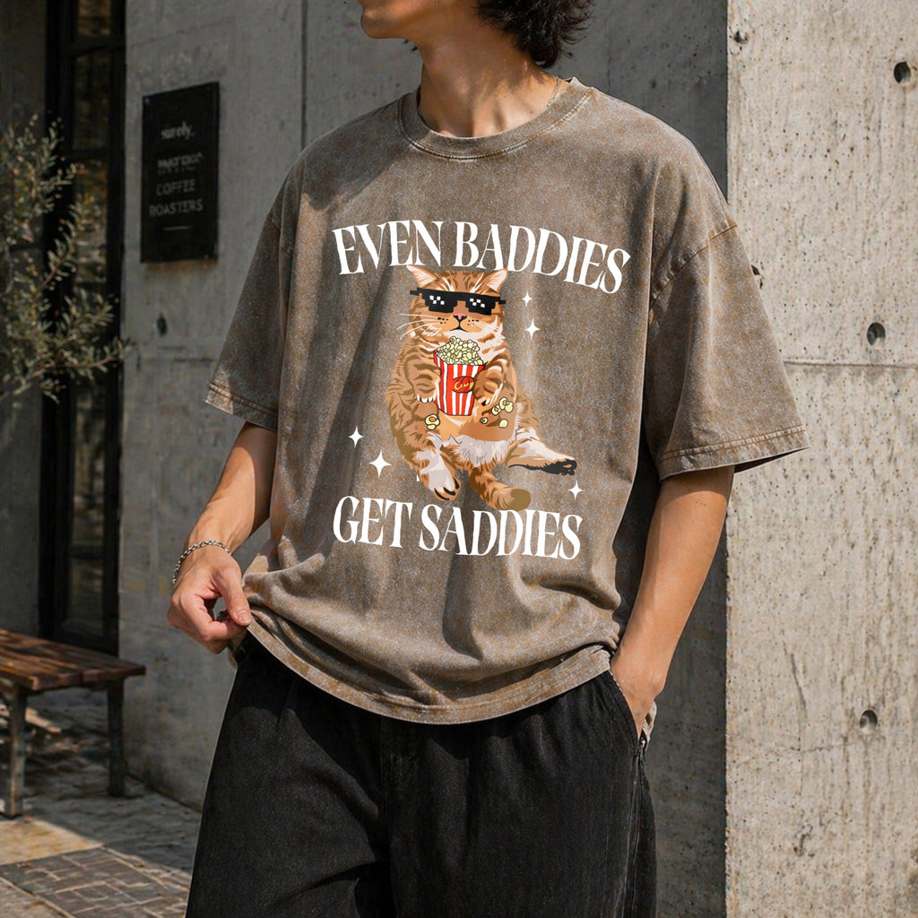 Even Baddies Get Saddies Funny Cat Vintage Washed T-Shirt product image 3