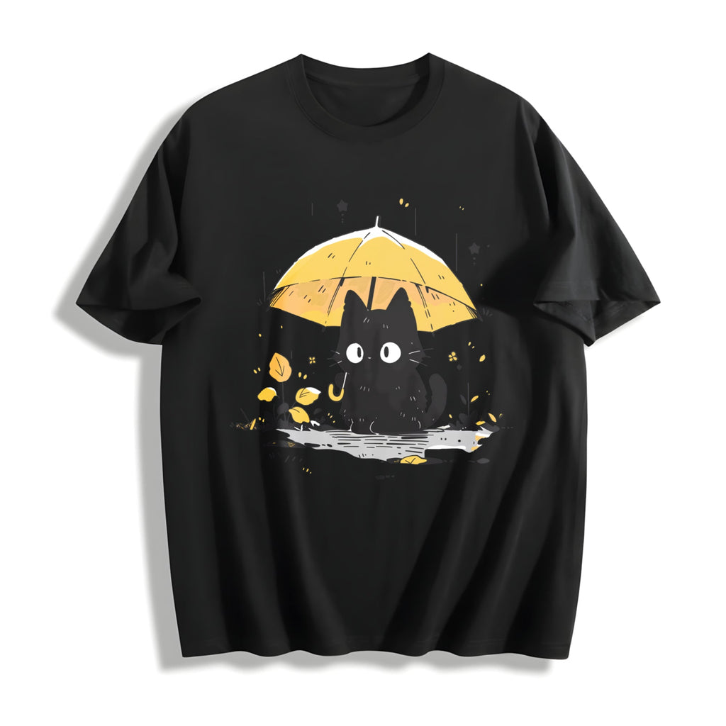 Black Cat under a Yellow Umbrella Cotton T-Shirt product image 1