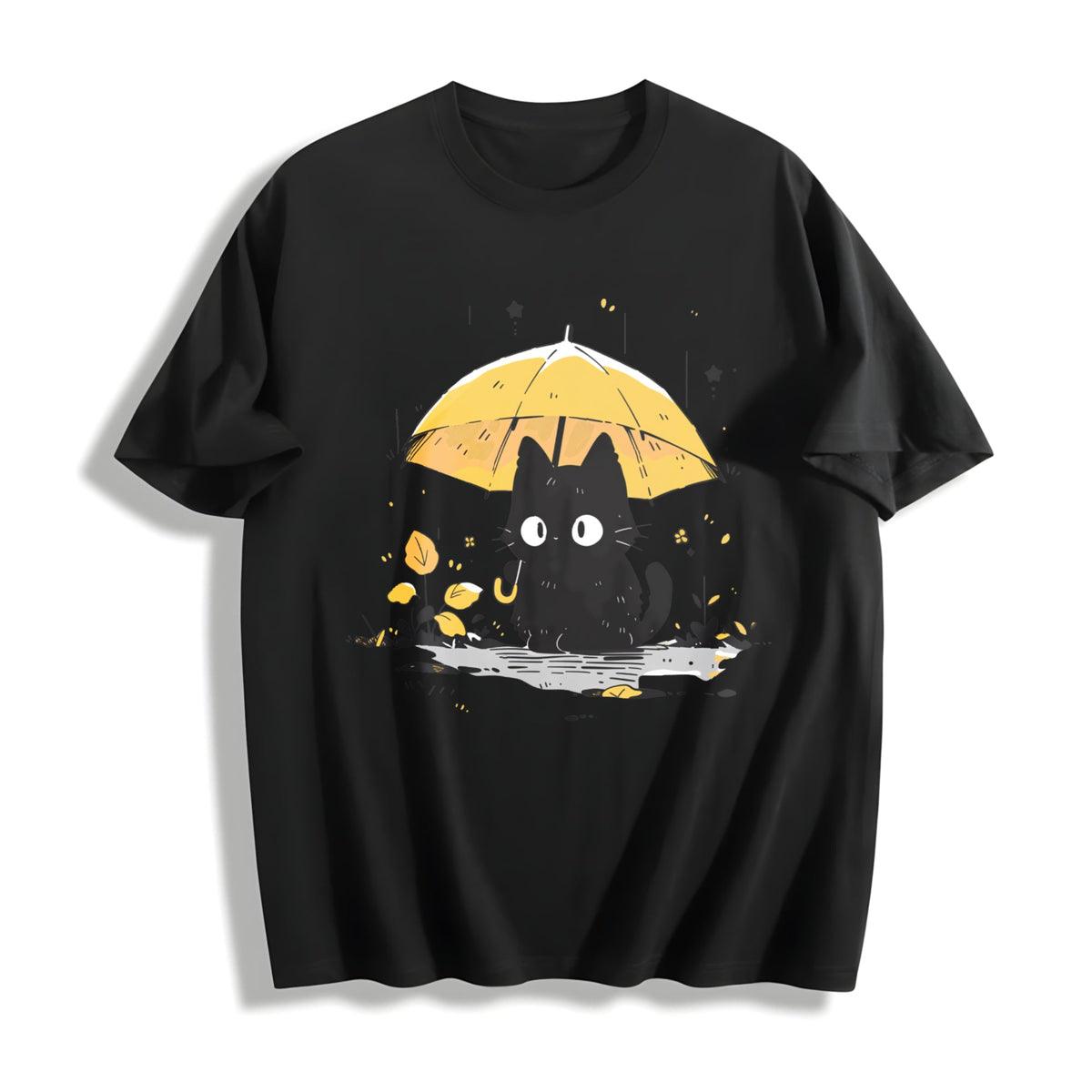 Black Cat under a Yellow Umbrella Cotton T-Shirt product image 1