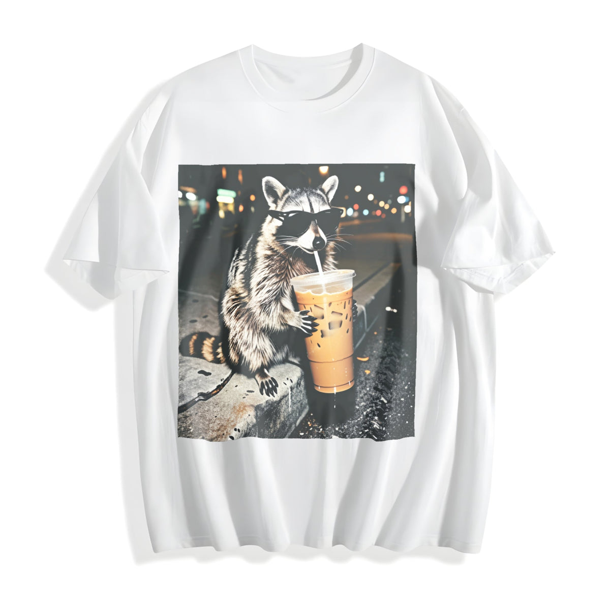 Funny Raccoon Drinking Iced Coffee Cotton T-Shirt product image 2