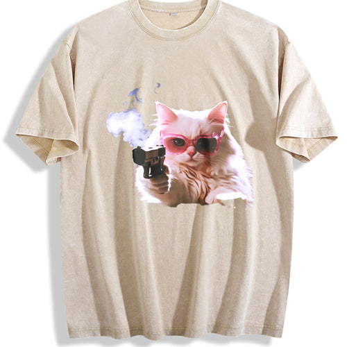 1pcscute Cat Funny T-shirtmen's Vintage Washed T-Shirt product image 1