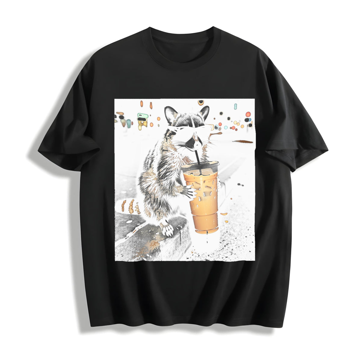 Funny Raccoon Drinking Iced Coffee Cotton T-Shirt product image 1