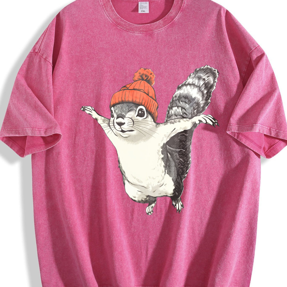 Winter Squirrel Short-sleeved With Orange Yarn Hat Vintage Washed T-Shirt