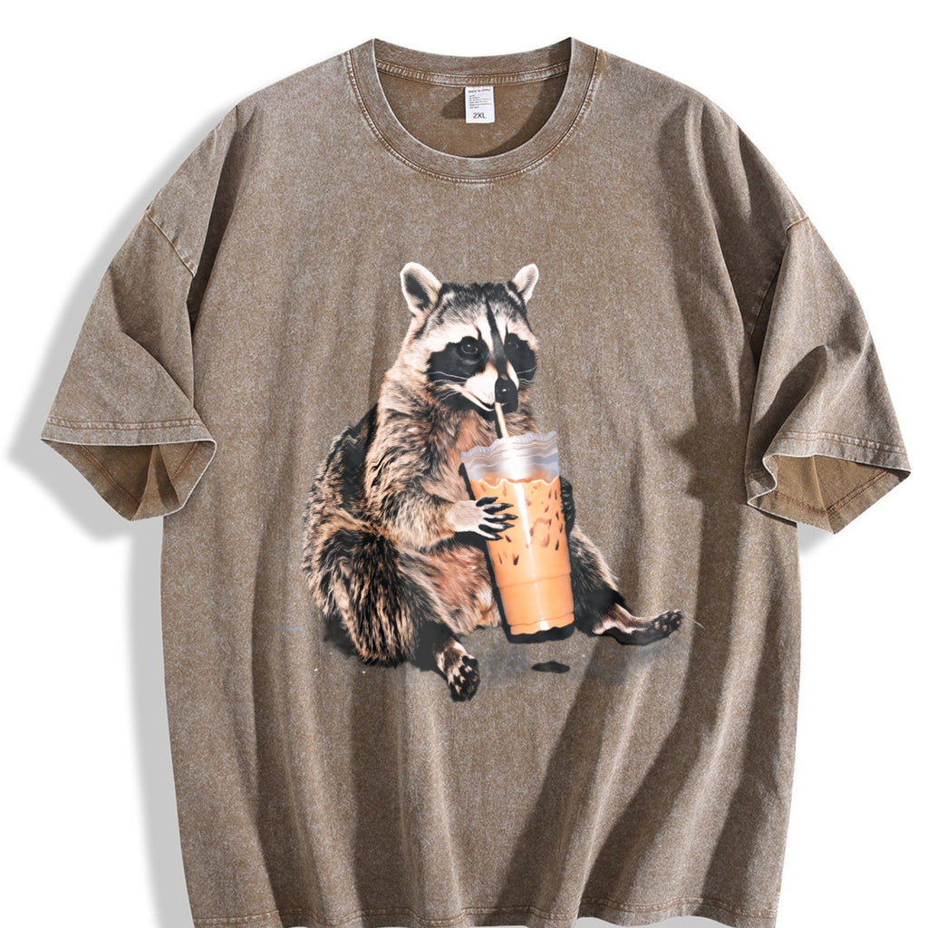 Raccoon Drinking Iced Coffee 90s Vintage Washed T-Shirt product image 3