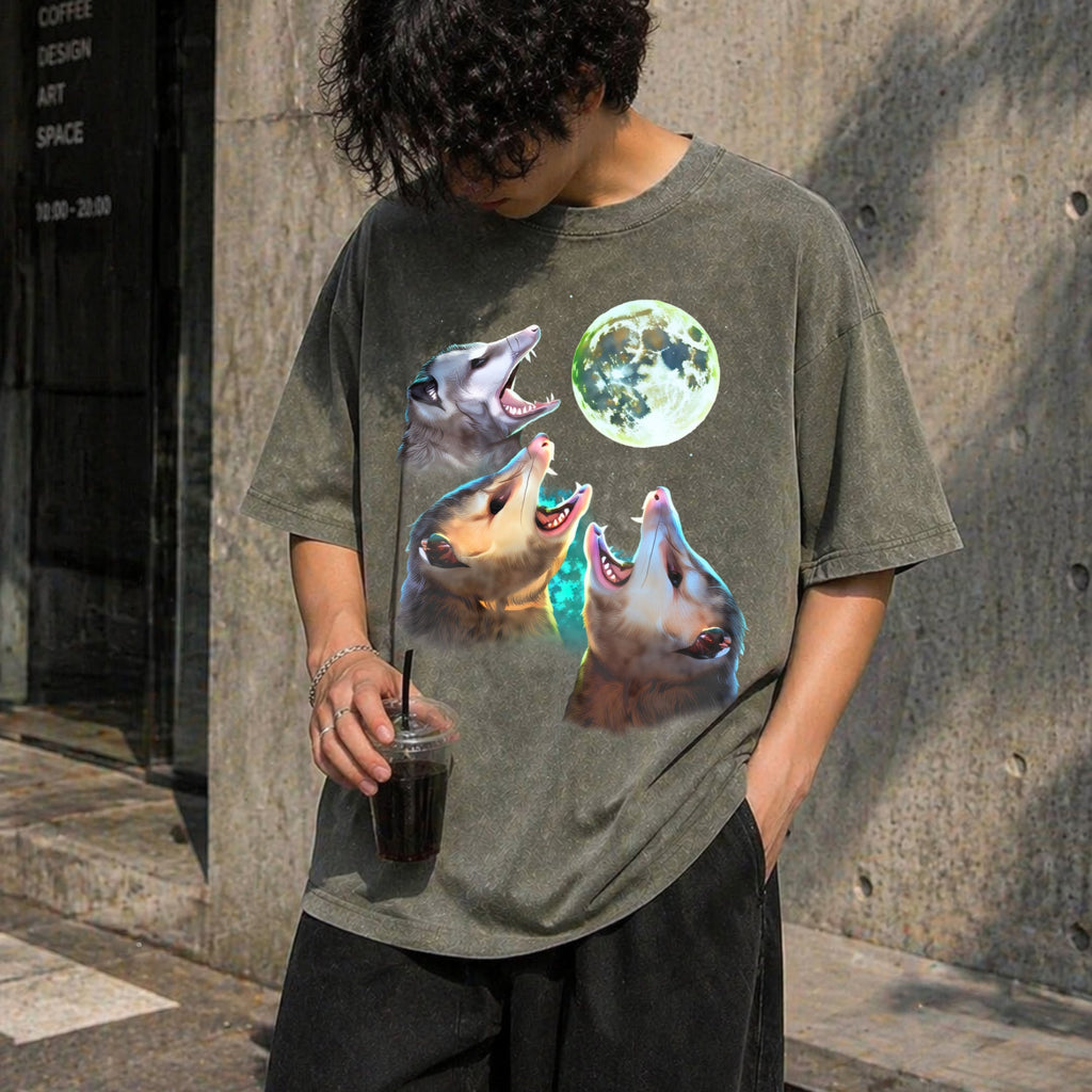 Three Possums Howling At Moon Vintage Washed T-Shirt product image 4