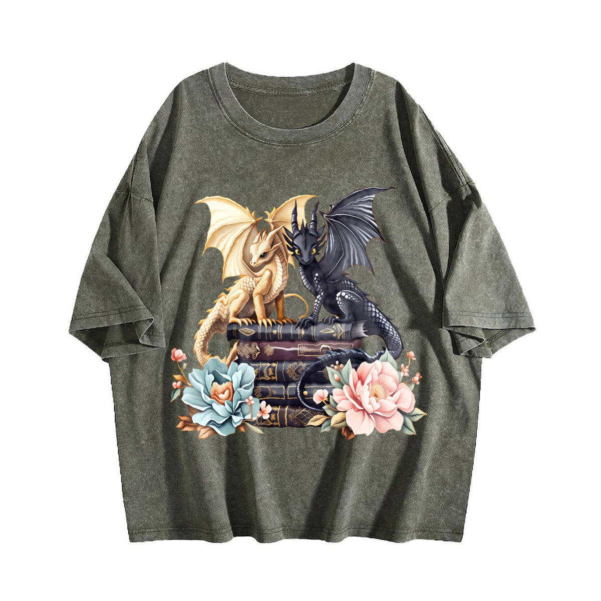 Dragon Book Stack with Flowers Vintage Washed T-Shirt product image 4