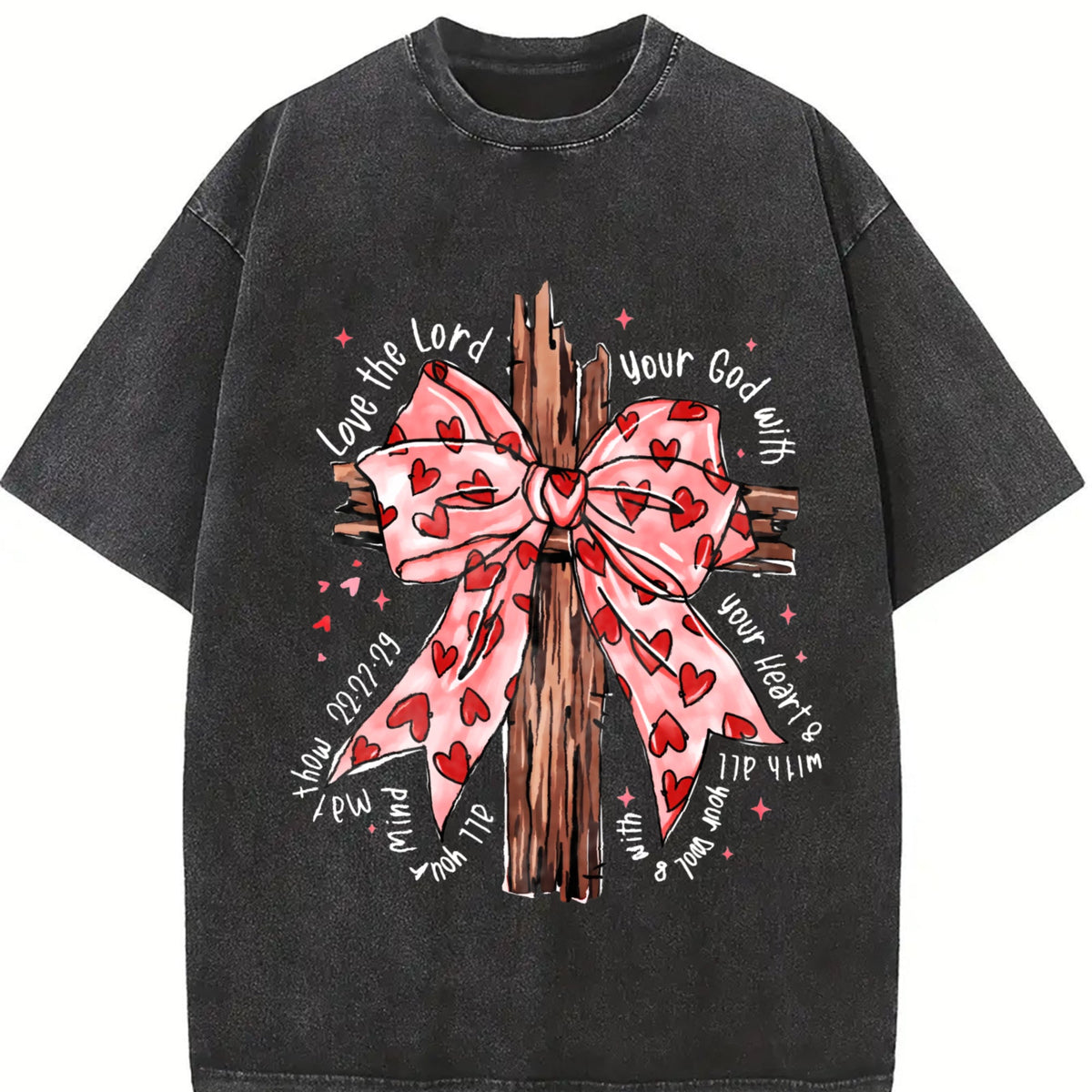 Faith Cross with Pink Heart Bow Vintage Washed T-Shirt product image 2