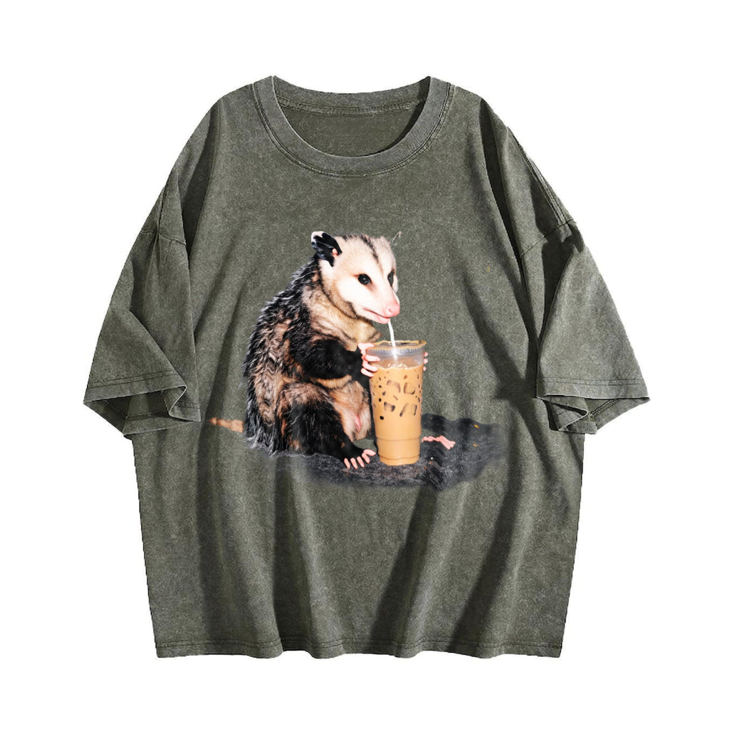 Opossum Drinking Iced Coffee Vintage Washed T-Shirt product image 4