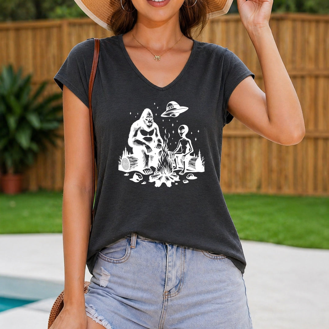 Gorilla And Alien Gather By The Campfire-1 And Highly Women's V-Neck Tank Top