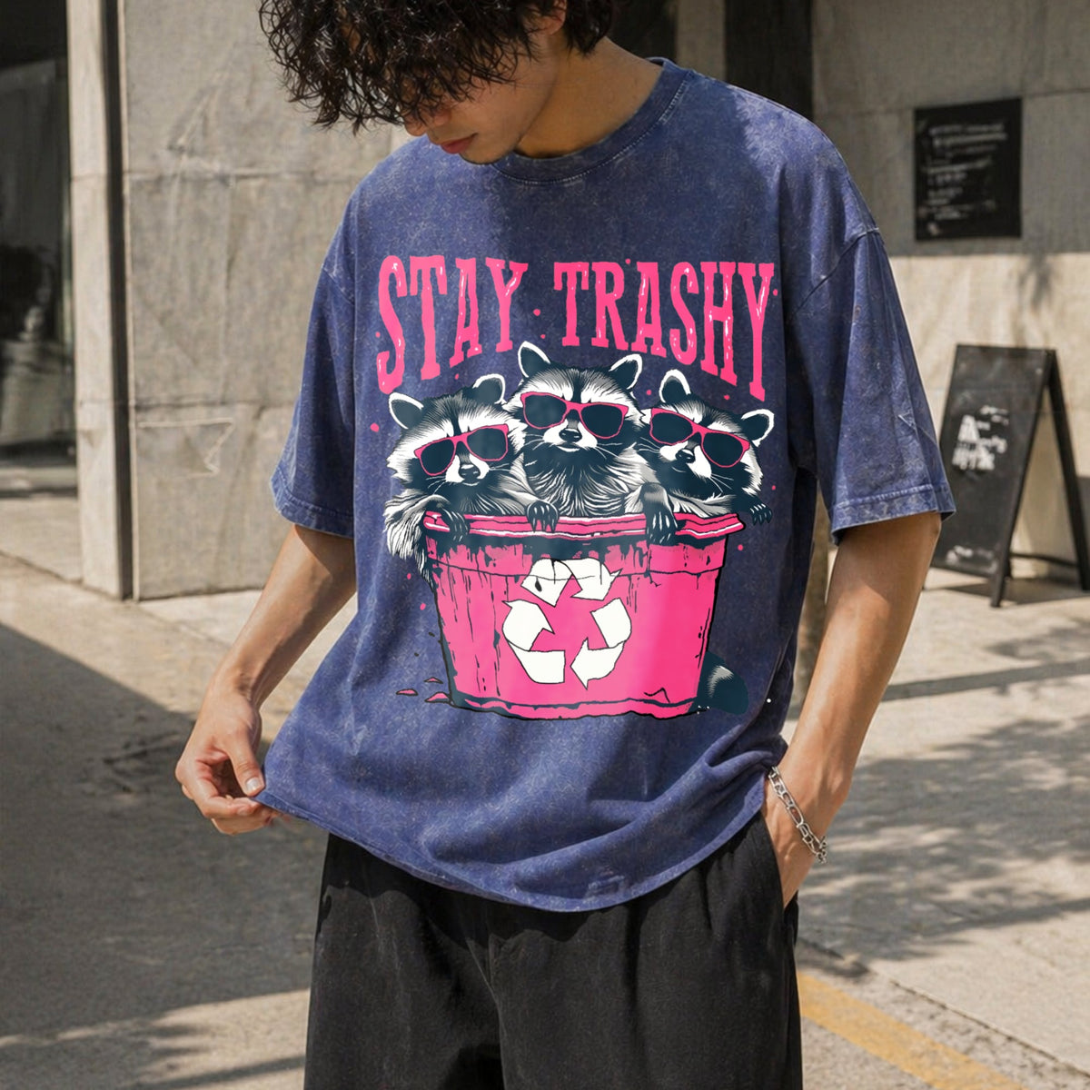 Stay Trashy - Black With Pink Raccoon & Bin Vintage Washed product image 8