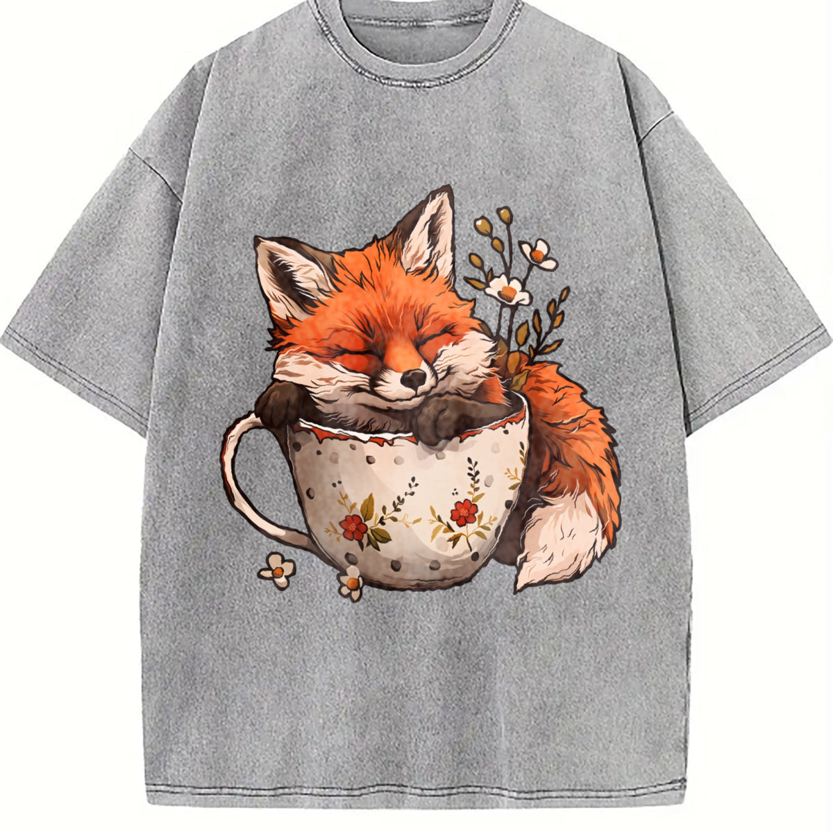Winter : Little Fox Curled Up In A Floral Teacup Vintage product image 5