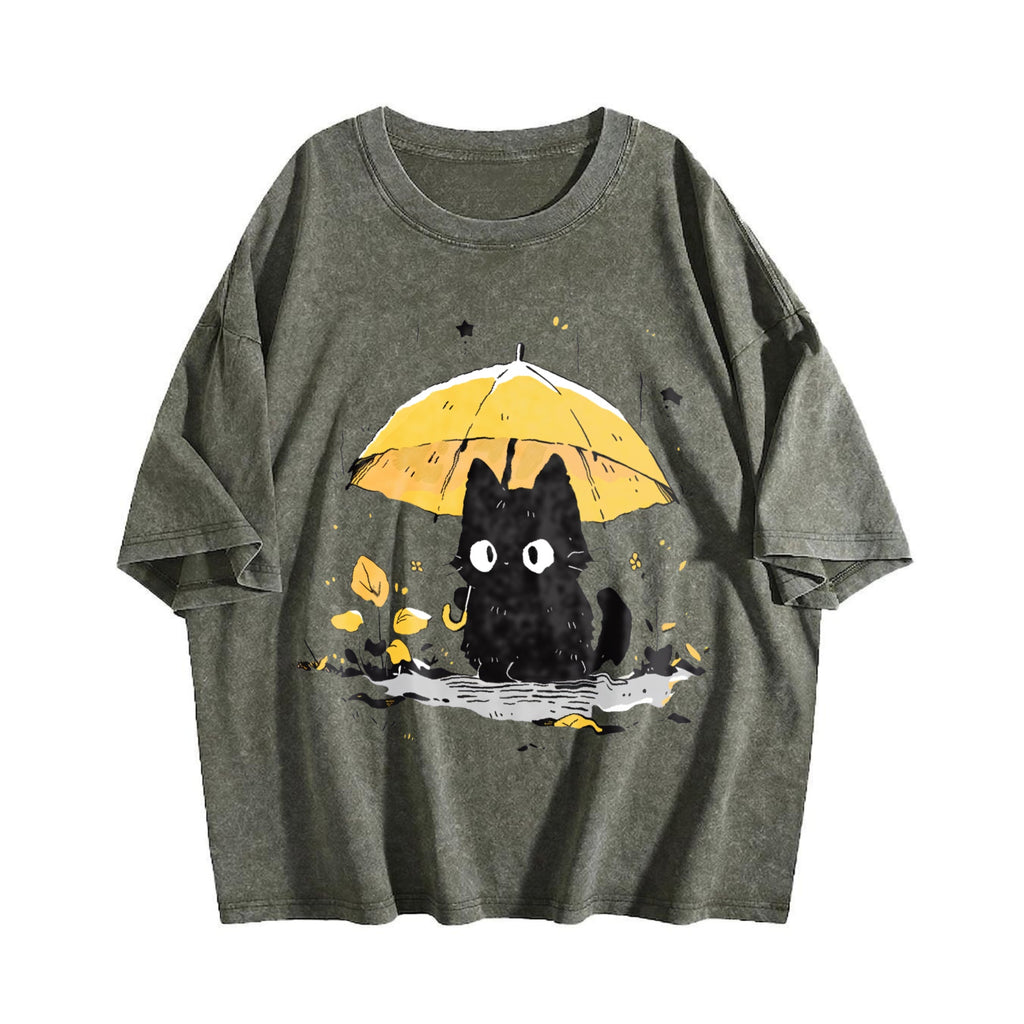 Black Cat under a Yellow Umbrella Vintage Washed T-Shirt product image 4