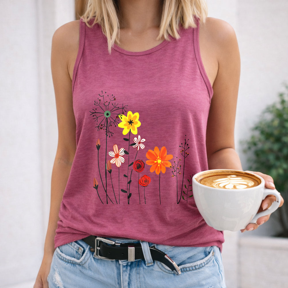 Racer With Cartoon Floral Women's Tank Top