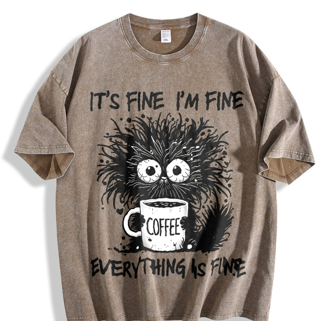 Animal Letter Furry Cat Coffee Vintage Washed T-Shirt product image 3