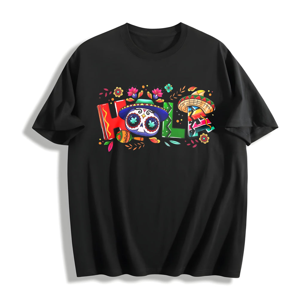 Holiday Letter Wide Brim Hat Cinco De Mayo Carnival Hola Skull Cotton T-Shirt