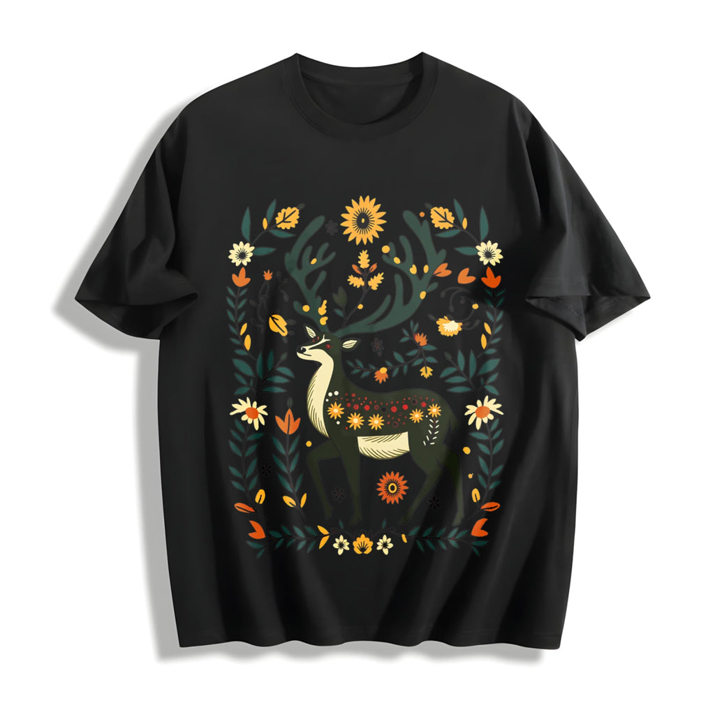 Bohemian Folk Art - Vibrant Deer & Floral Cotton T-Shirt product image 1