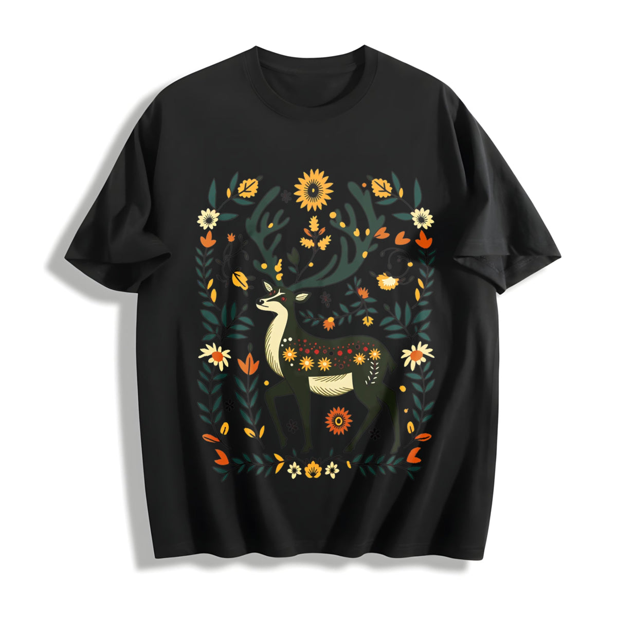 Bohemian Folk Art - Vibrant Deer & Floral Cotton T-Shirt product image 1