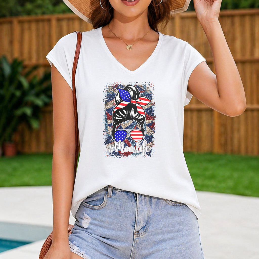 American Flag Hair Bow Glasses Momlife Women's V-Neck Tank Top