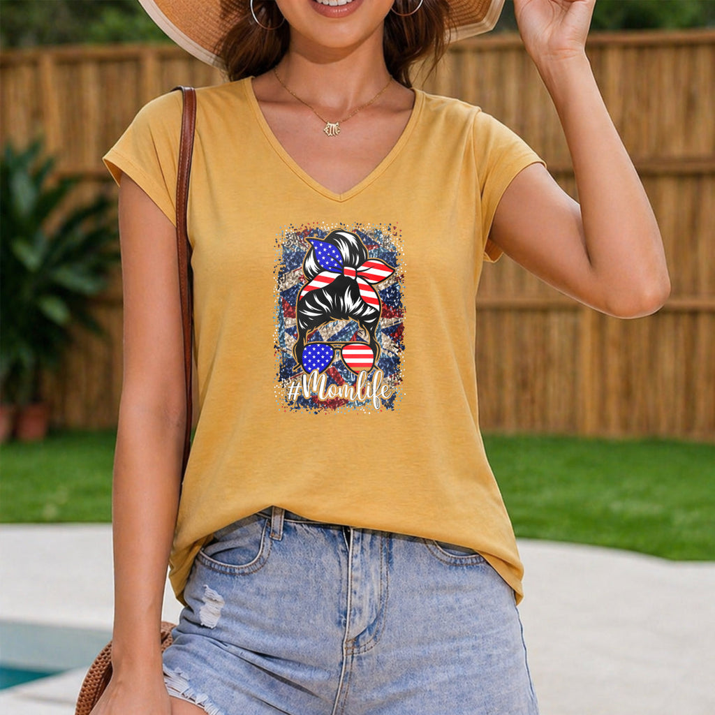 American Flag Hair Bow Glasses Momlife Women's V-Neck Tank Top