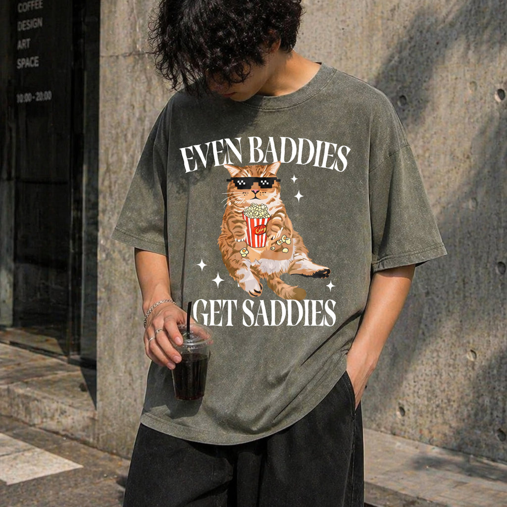 Even Baddies Get Saddies Funny Cat Vintage Washed T-Shirt product image 4