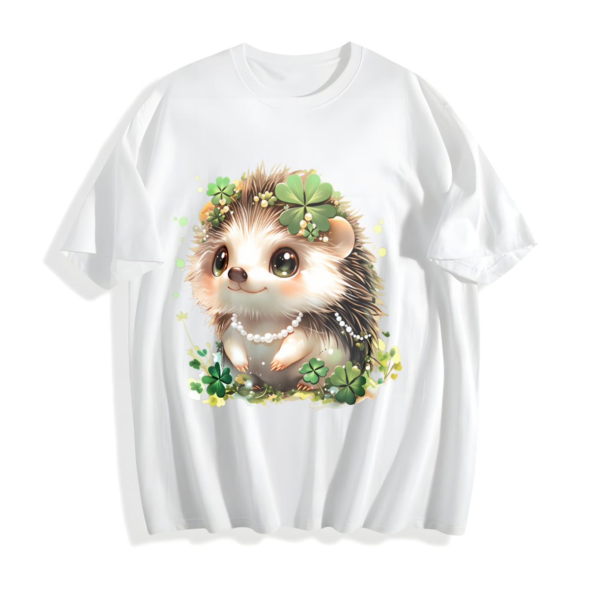 Summer : Hedgehog With Jewelry And Lucky Four-leaf Clover Cotton T-Shirt