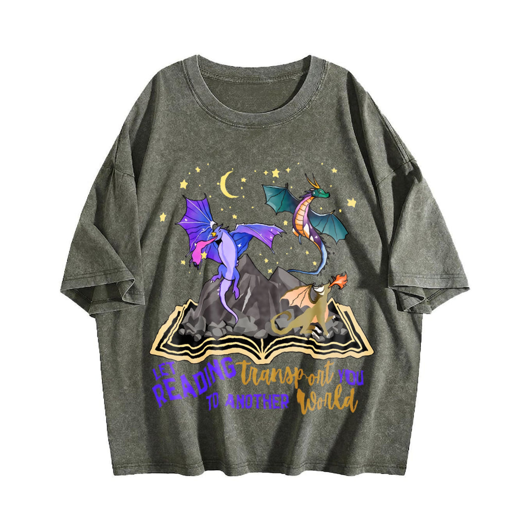 Let Reading Transport You Dragon Book Vintage Washed T-Shirt product image 4